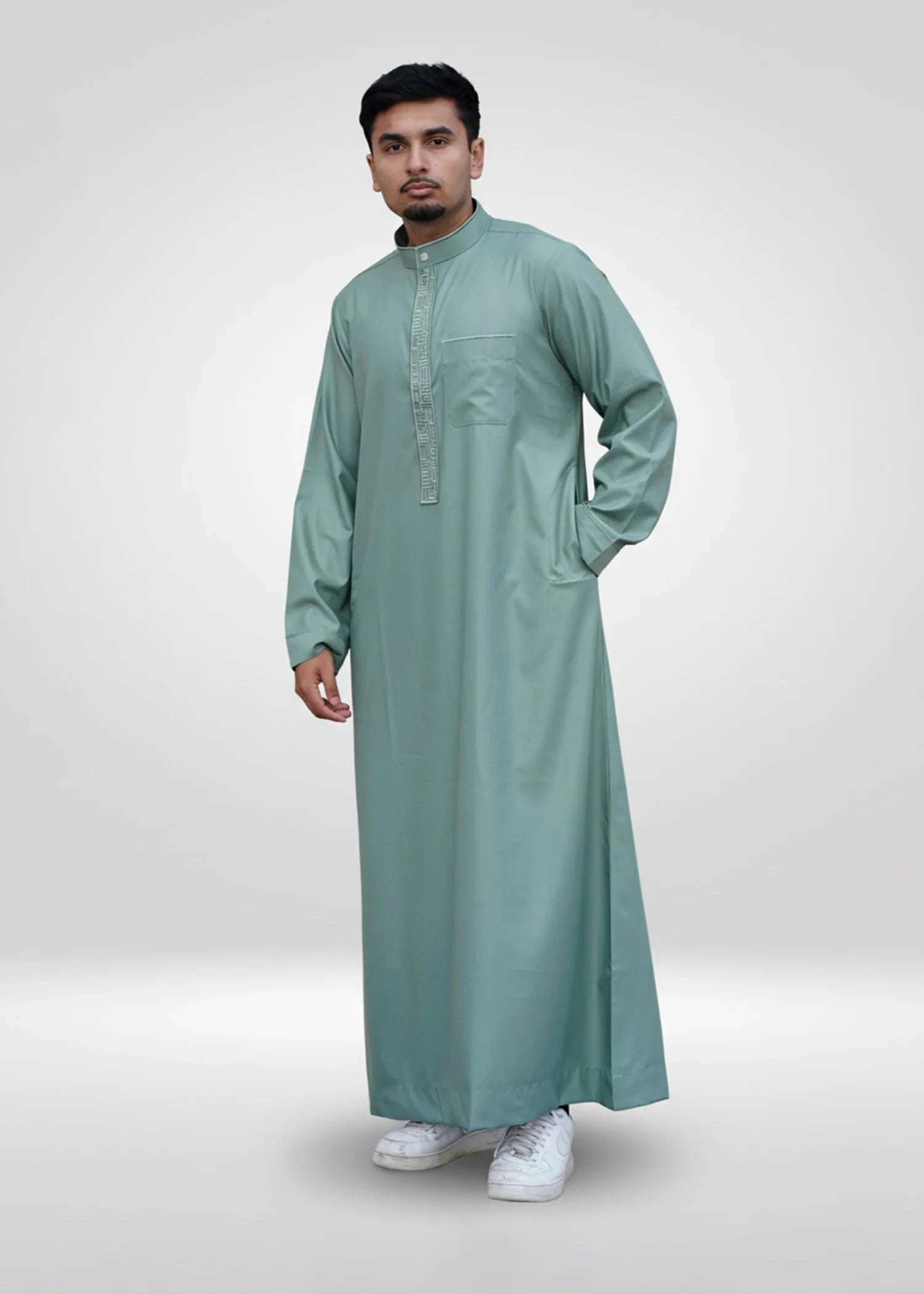 Sage green embroidered thobe with mandarin collar for men, side profile view