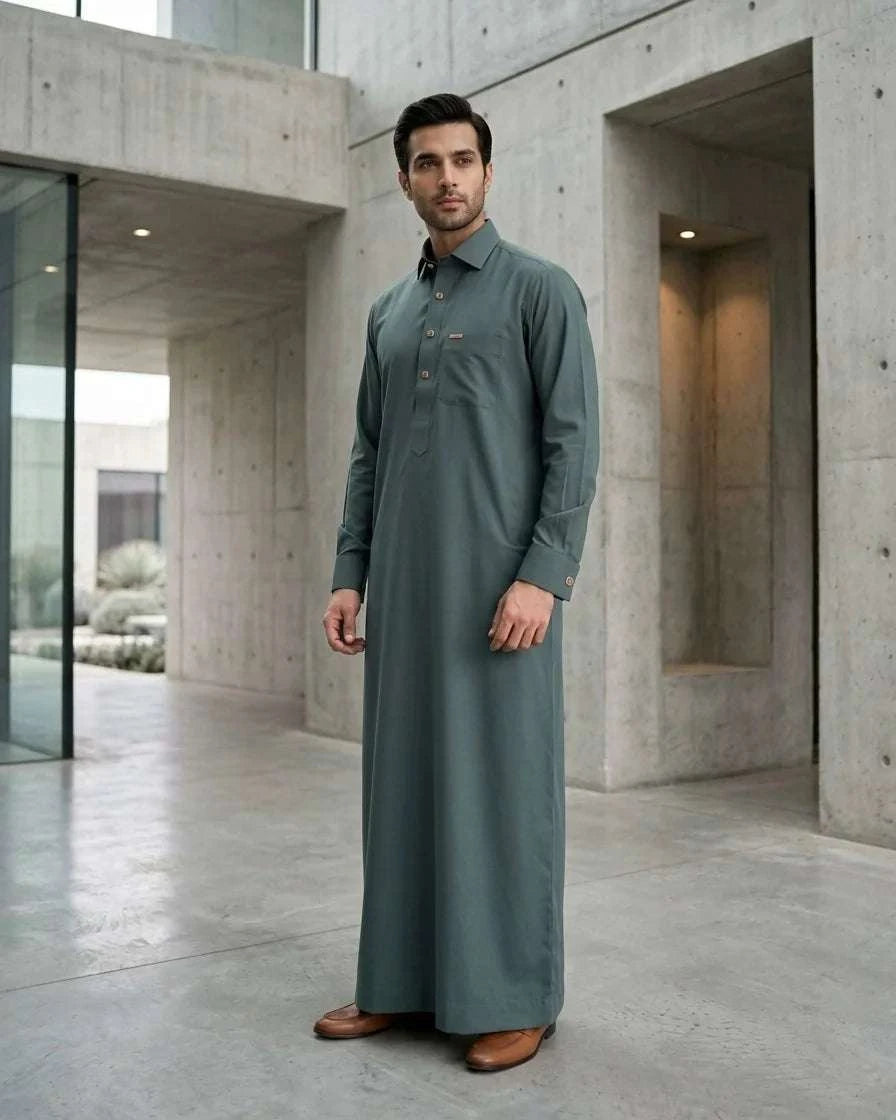 Sage green executive thobe with shirt collar for men, buttoned placket in close detail