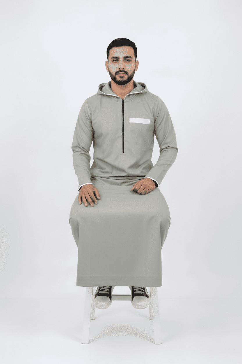 Sage green hooded thobe with sporty half-zip for men, back view