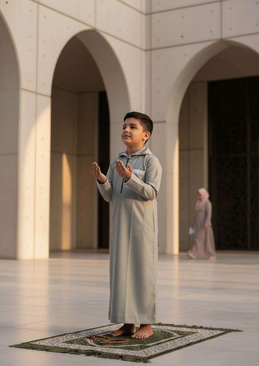 Sage green hooded thobe with sporty half-zip for boys, length and sleeve line