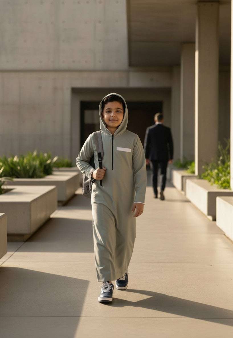 Sage green hooded thobe with sporty half-zip for boys, styled on a model outdoors