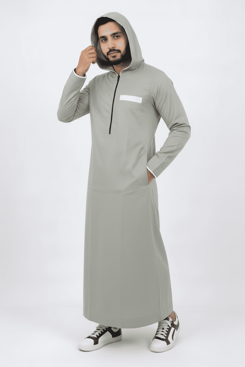 Sage green hooded thobe with sporty half-zip for men, side profile view