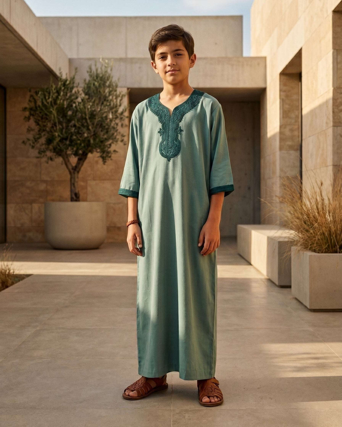 Sage green Moroccan gandora for boys, full front view