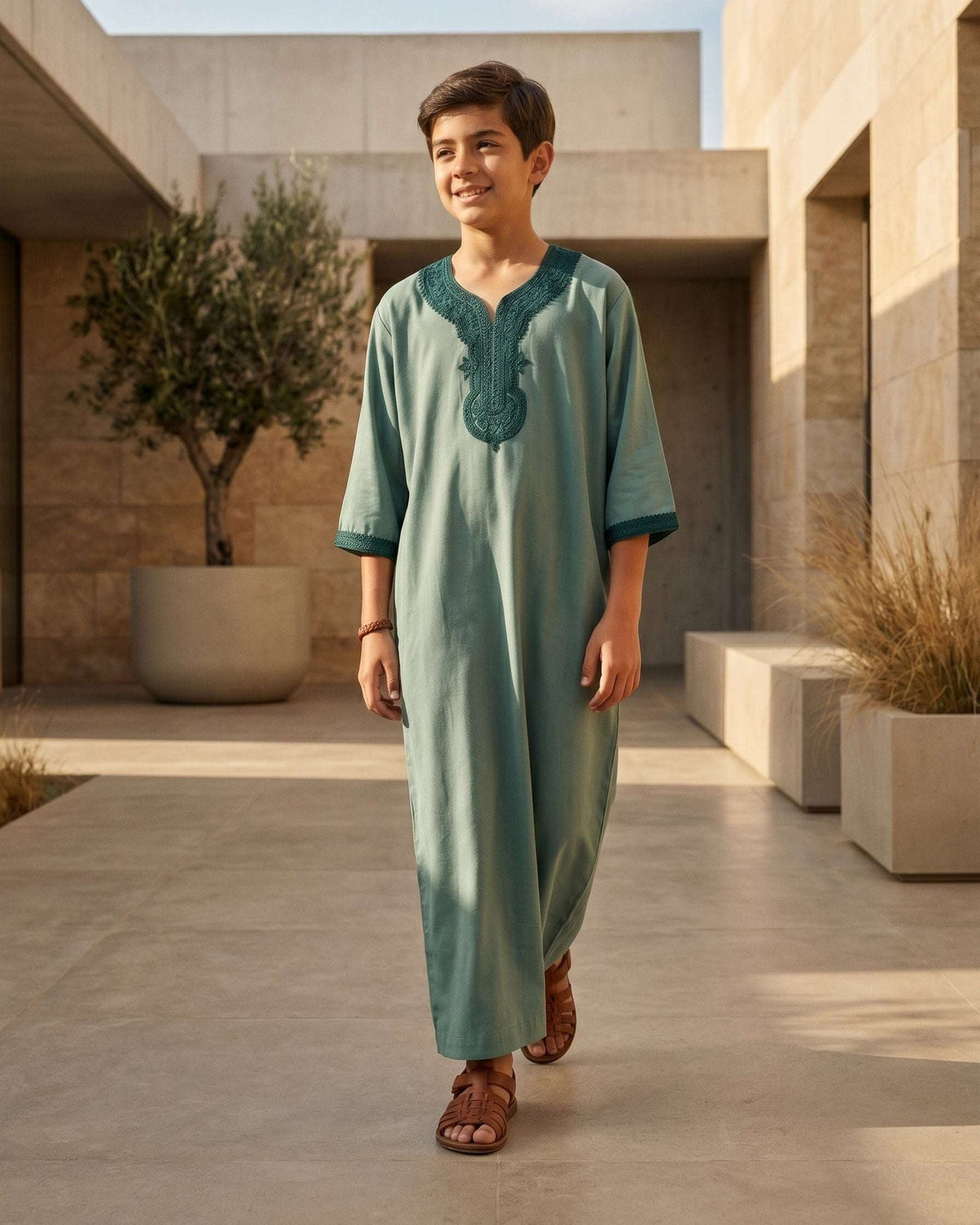 Sage green Moroccan gandora for boys, side profile view