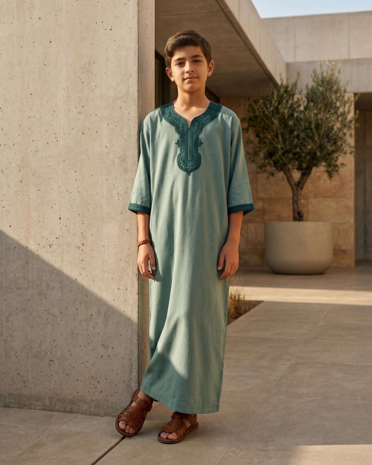 Sage green Moroccan gandora for boys, stitched pattern in close detail