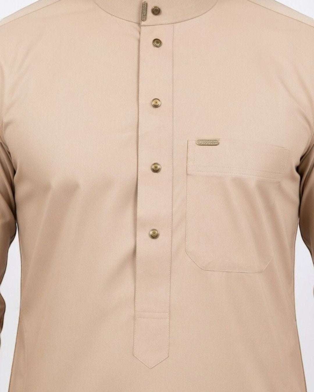Sand beige thobe with button-down placket for men, close-up of the fabric