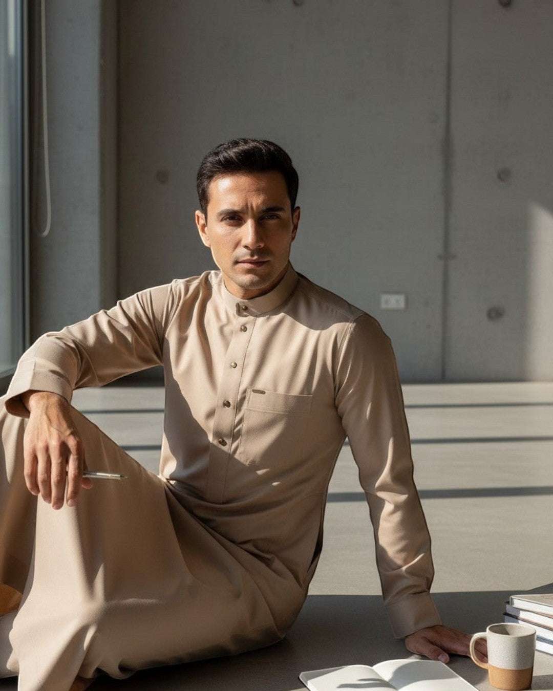 Sand beige thobe with button-down placket for men, a closer look at the finish