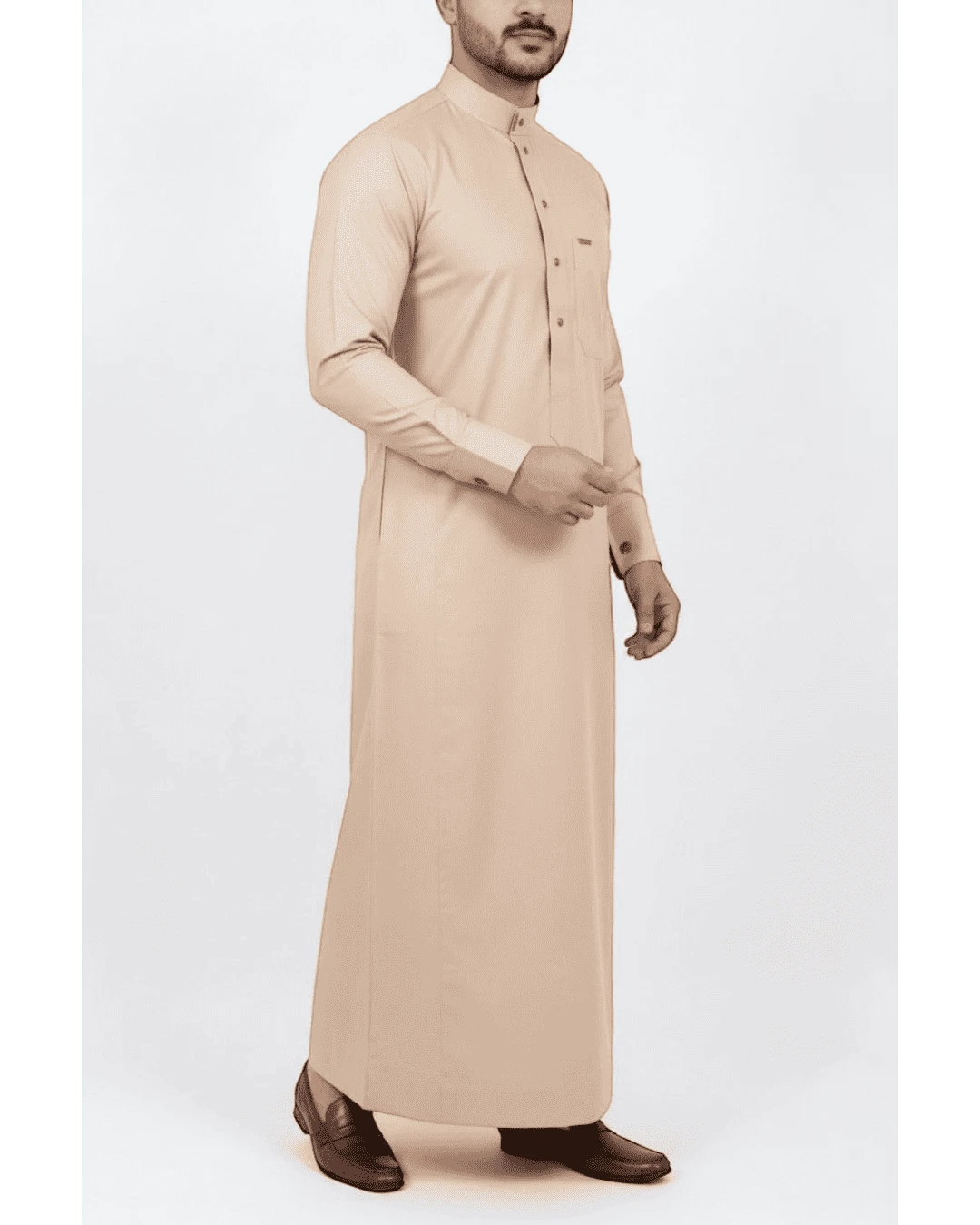 Sand beige thobe with button-down placket for men, side profile view