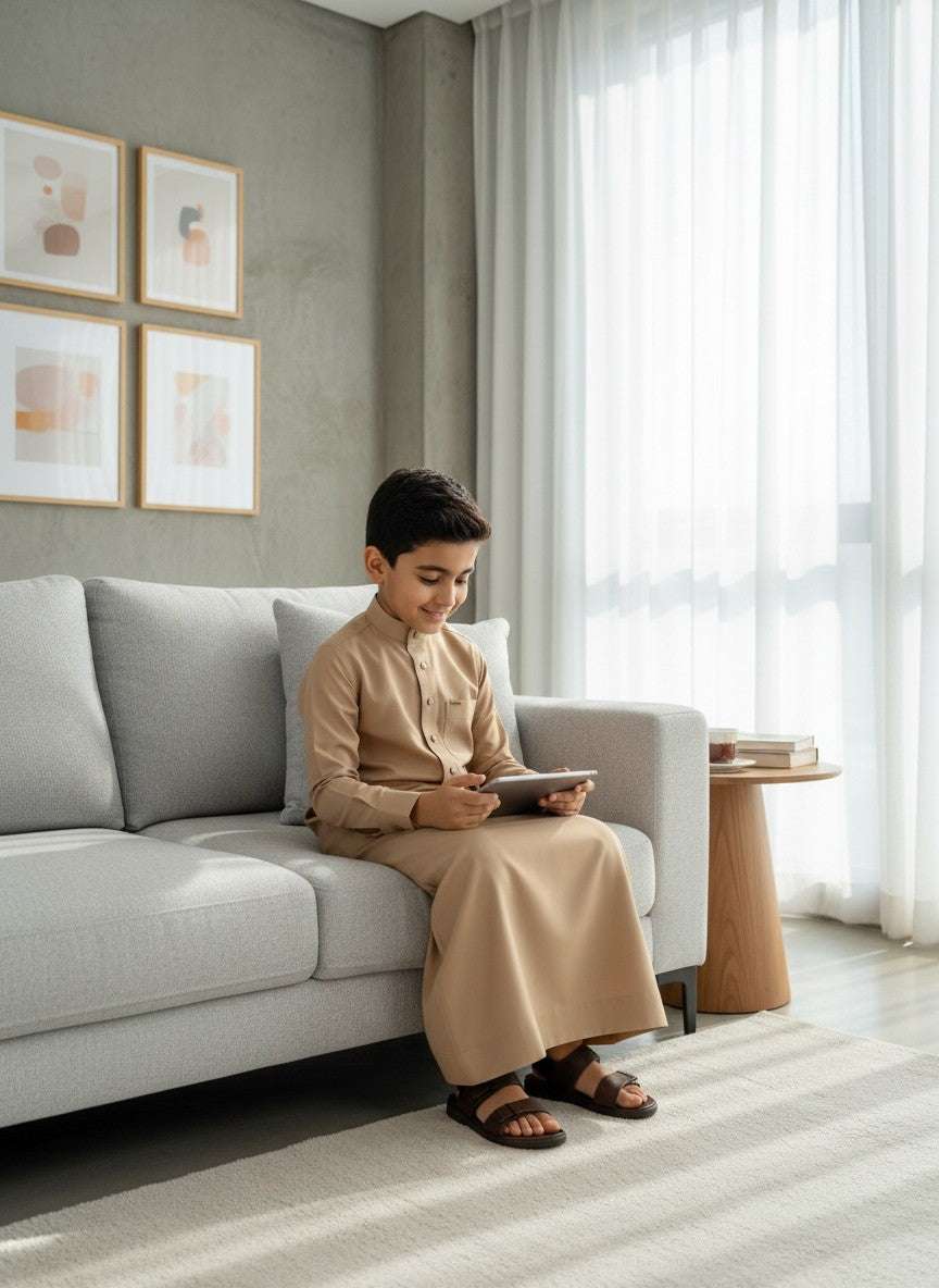 Sand beige jubba for boys, shown from the front
