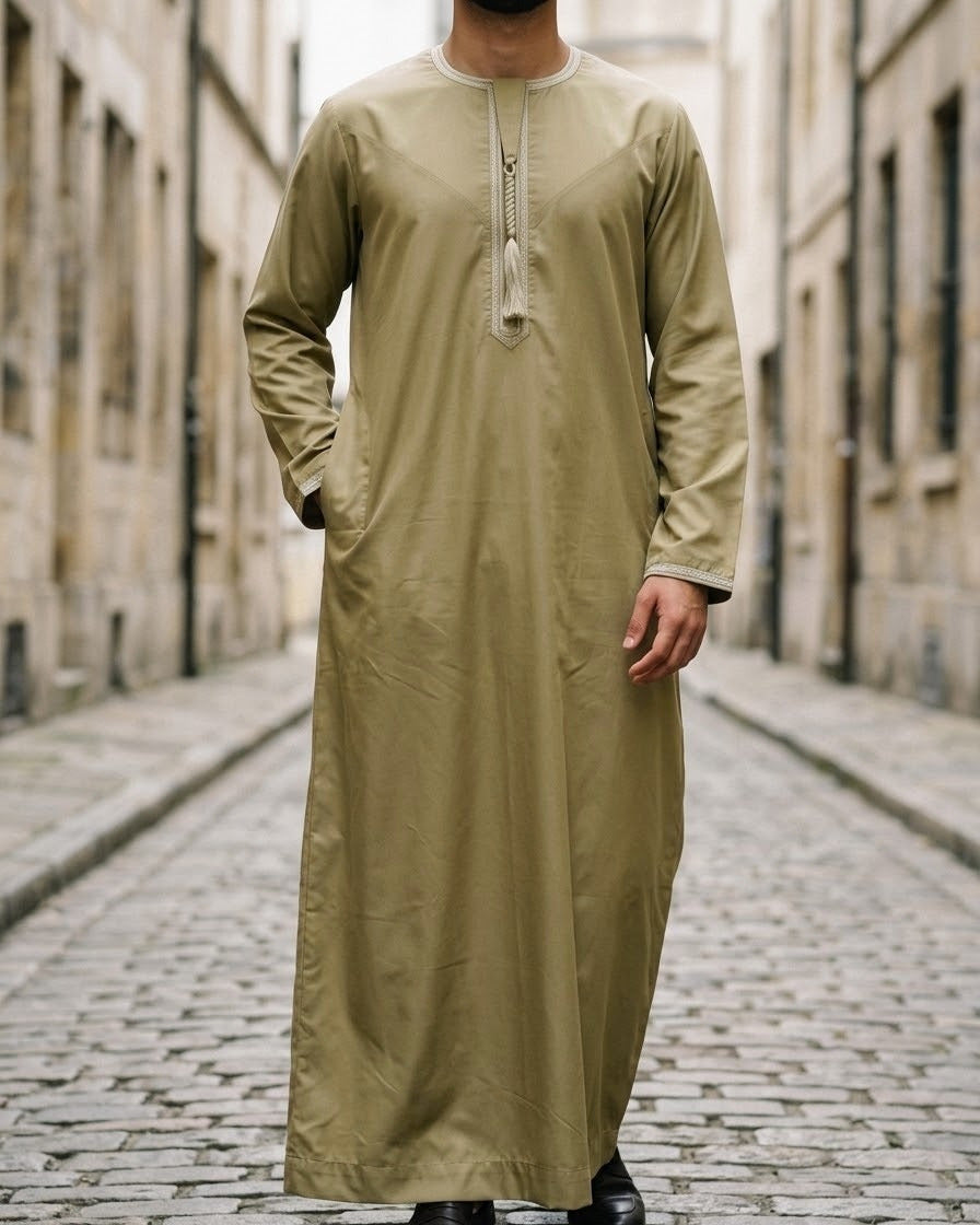 Men's Camel Emirati Thobe – Classic Tarboush, three-quarter stand, european old-town morning – The Topi Wala