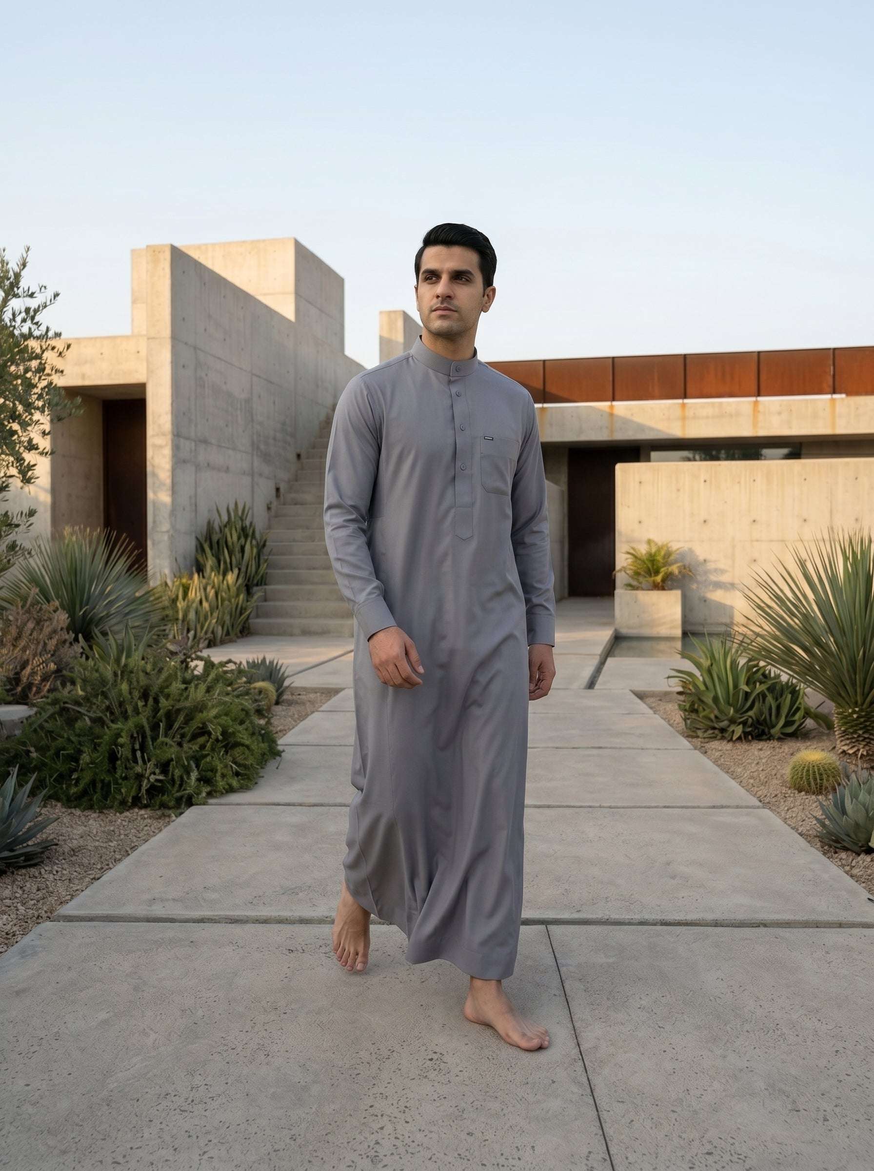 Silver gray thobe with button-down placket for men, full front view