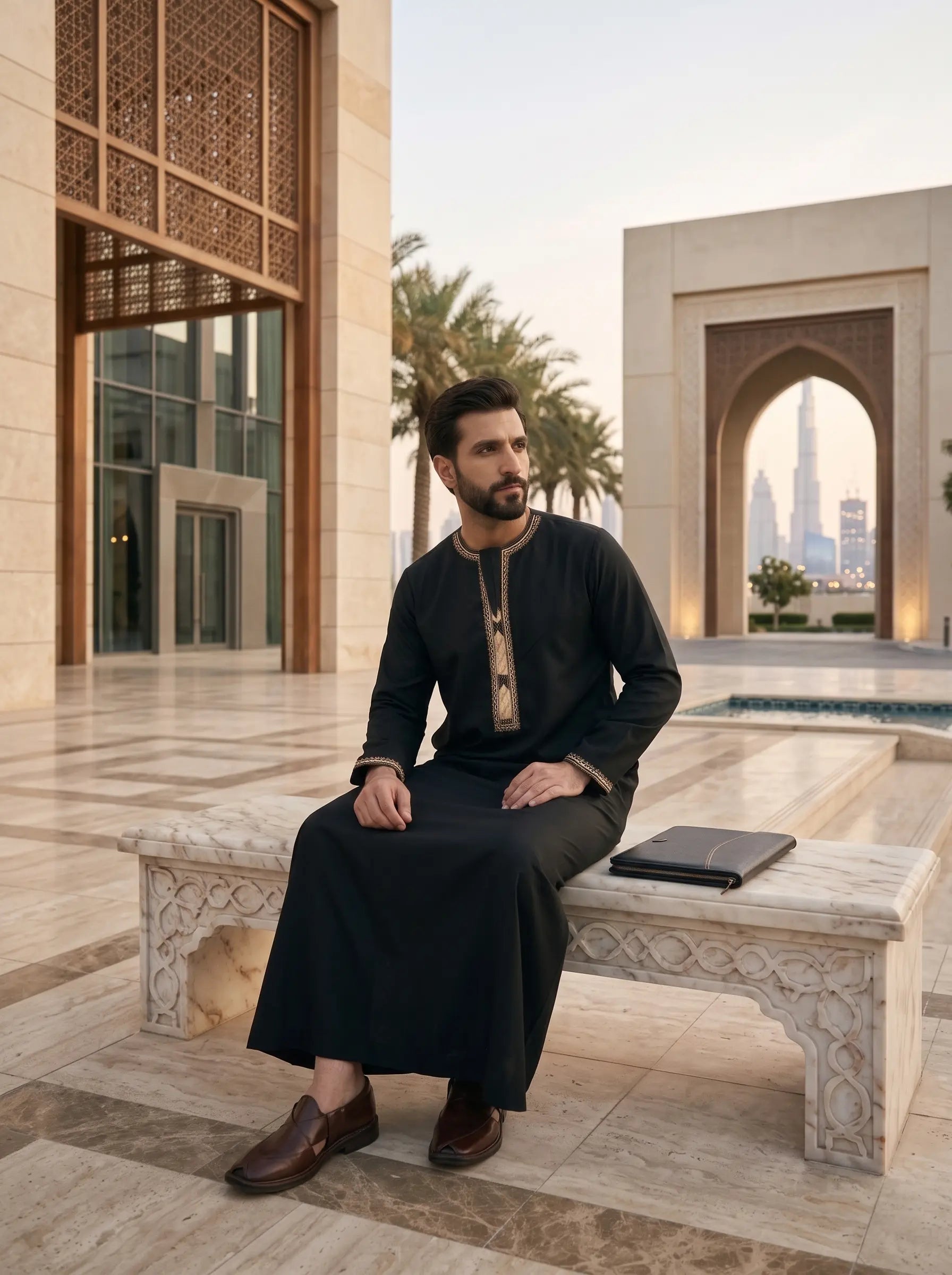 Black kids Emirati jubbah with gold tarboush detail