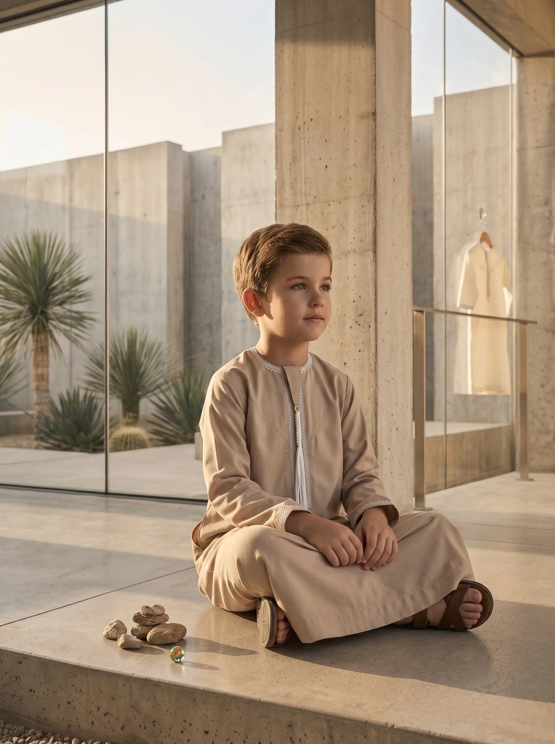 Premium Camel Emirati Thobe for Kids with Tarboush
