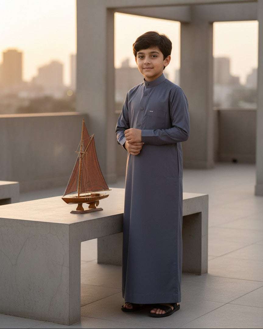 Slate blue thobe for boys, full front view