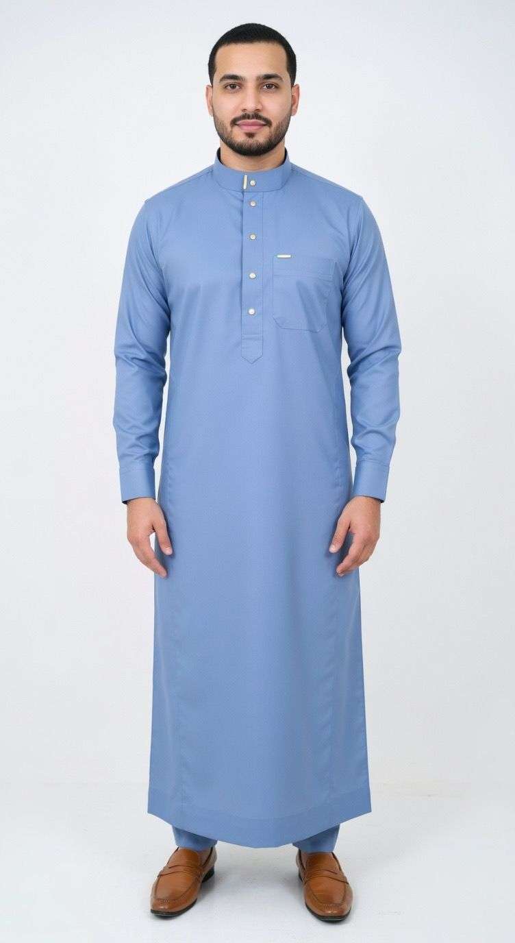 Slate blue thobe with formal button-down for men, full front view