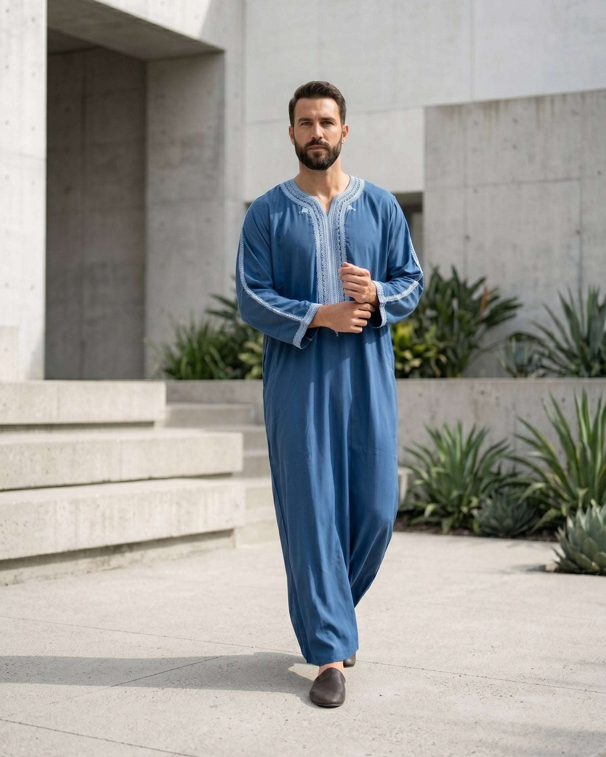 Slate blue Moroccan thobe with silver embroidery for men, full front view