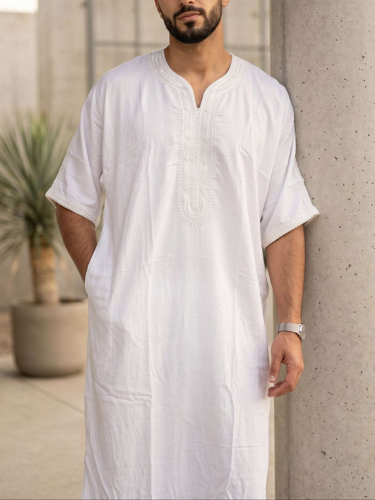White Moroccan gandora tone on tone embroidery for men, full front view