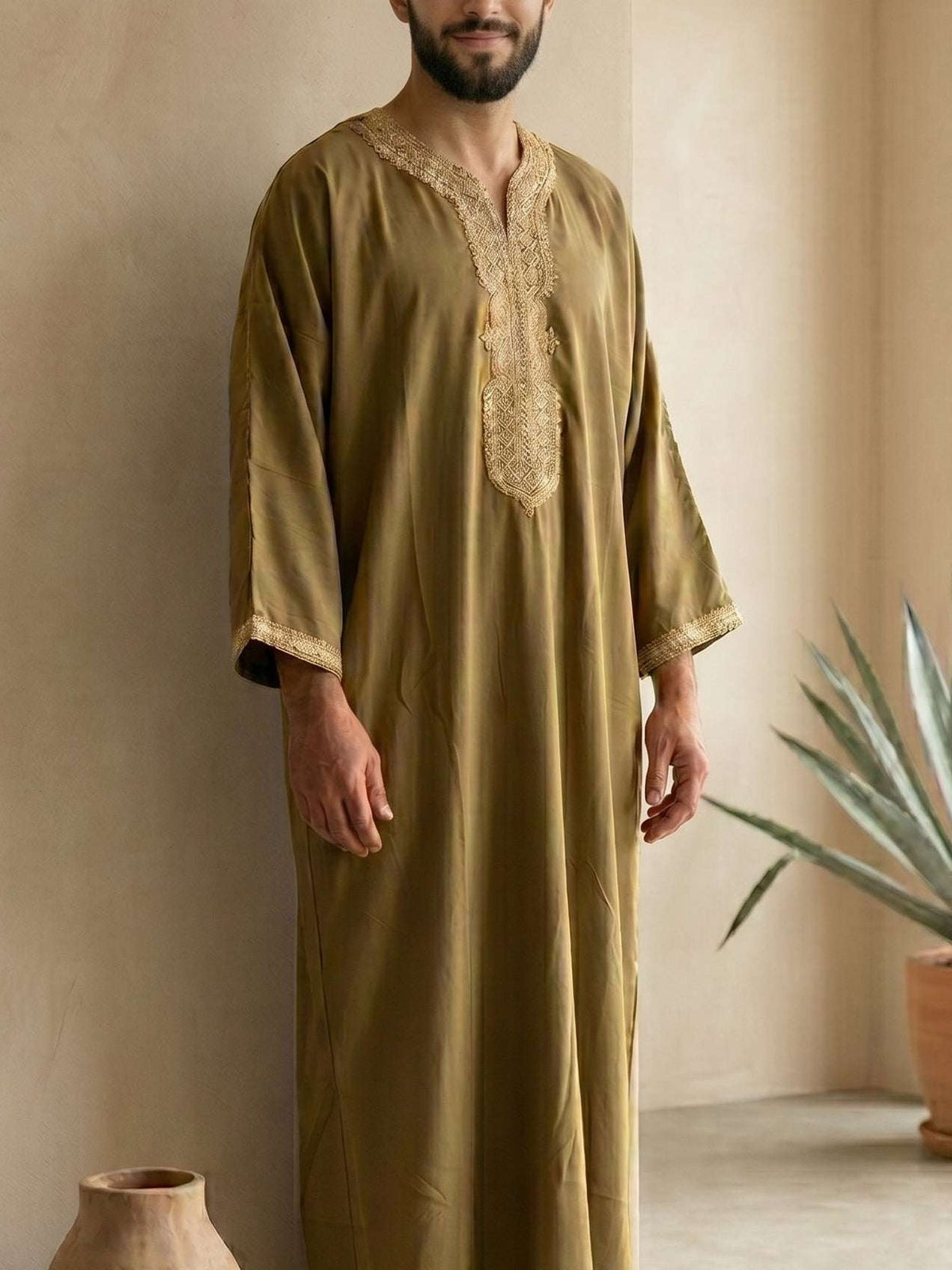 Bronze Moroccan gandora with gold embroidery for men, full front view