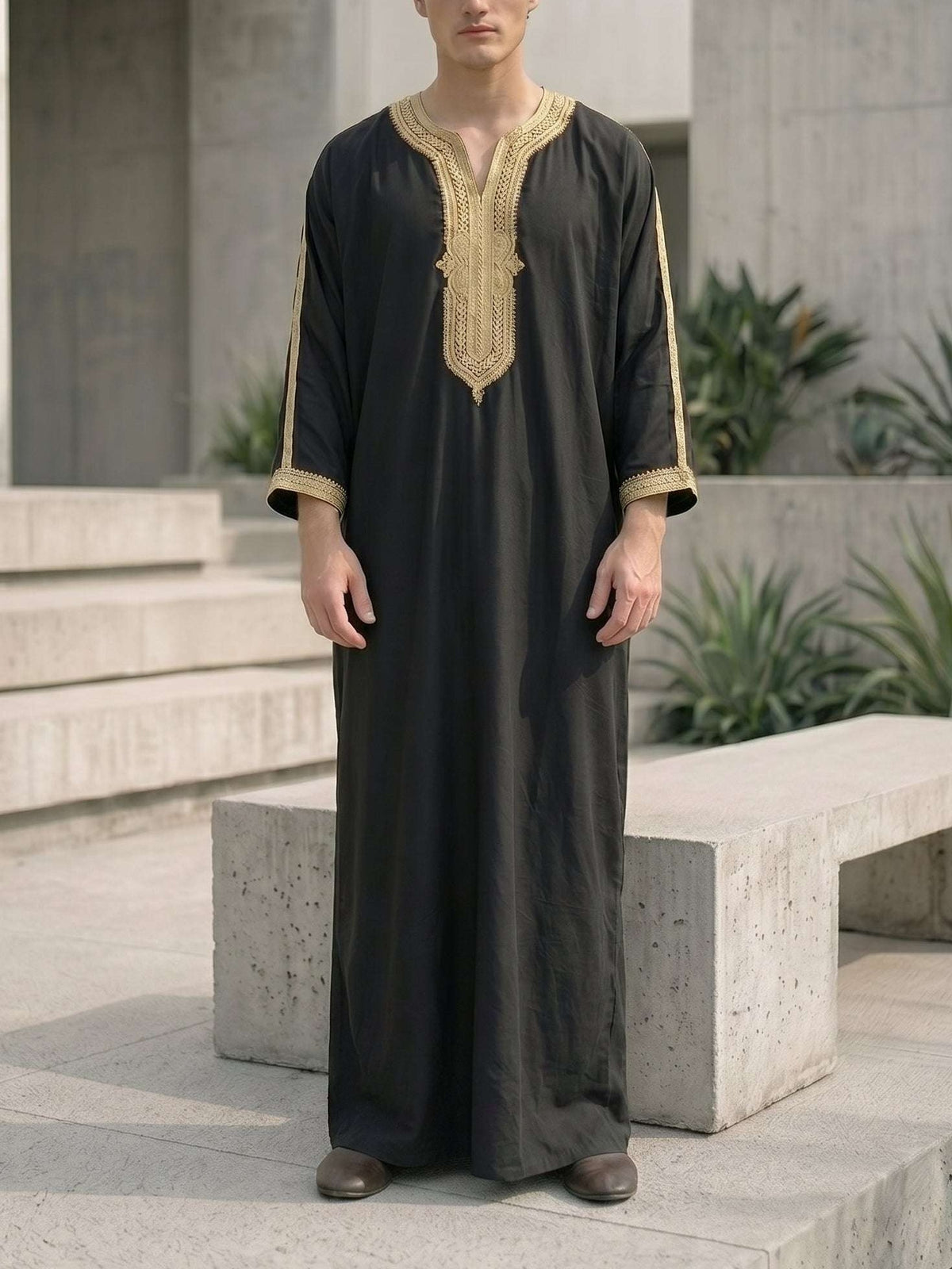 Black Moroccan gandora with gold embroidery for men, full front view