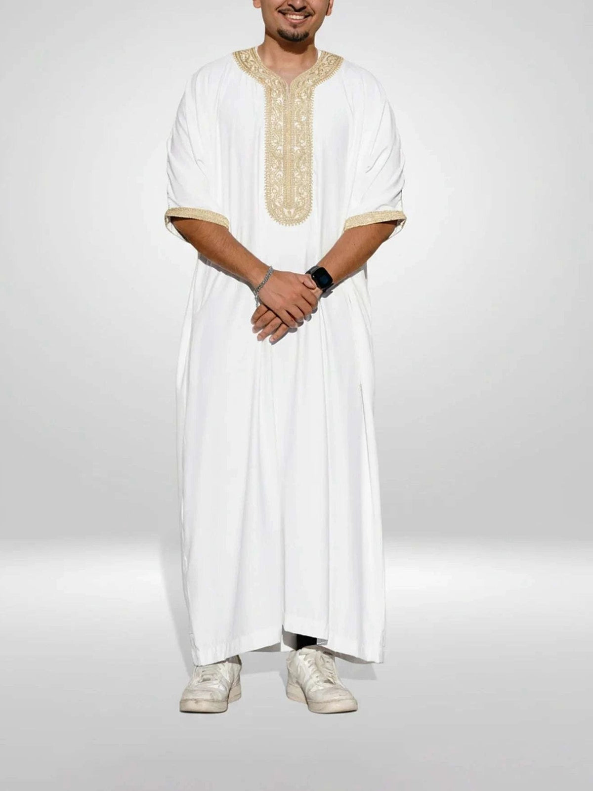 White Moroccan thobe with gold embroidery for men, full front view