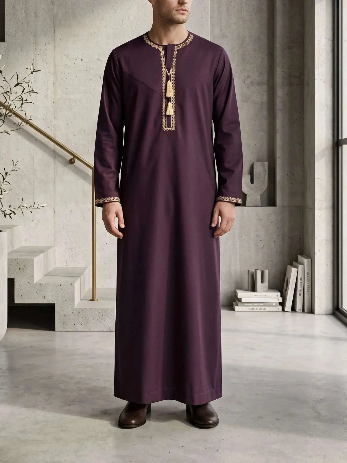 Burgundy Emirati V-neck thobe with tarboush for men, full front view