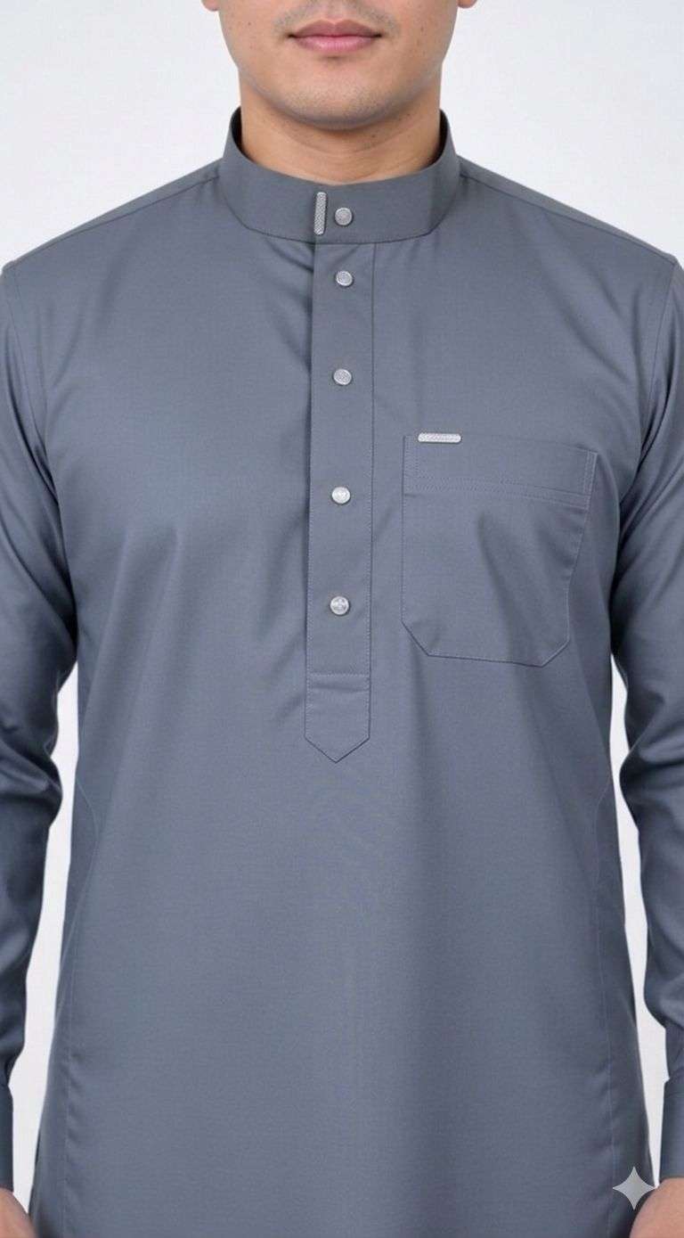 Steel gray thobe with formal button-down for men, close-up of the collar and buttons