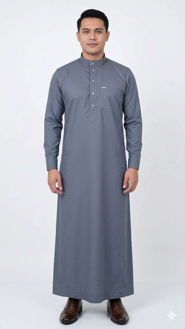 Steel gray thobe with formal button-down for men, full front view