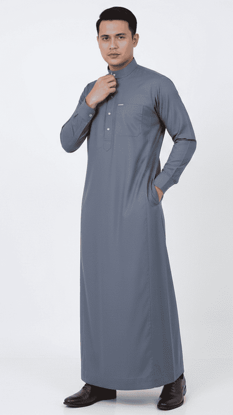 Steel gray thobe with formal button-down for men, side profile view