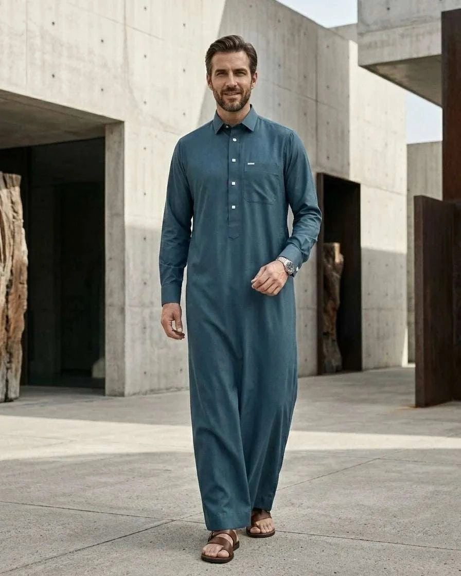 Teal blue executive thobe with shirt collar for men, full front view