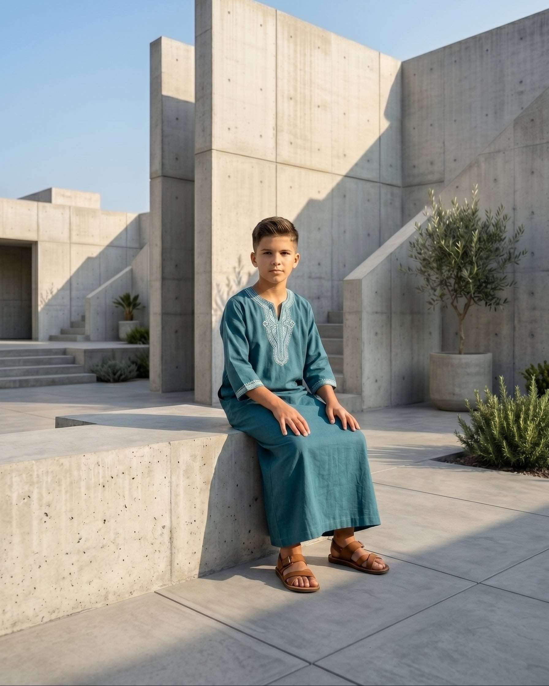 Teal blue Moroccan gandora with white embroidery for boys, close-up of the embroidered detailing