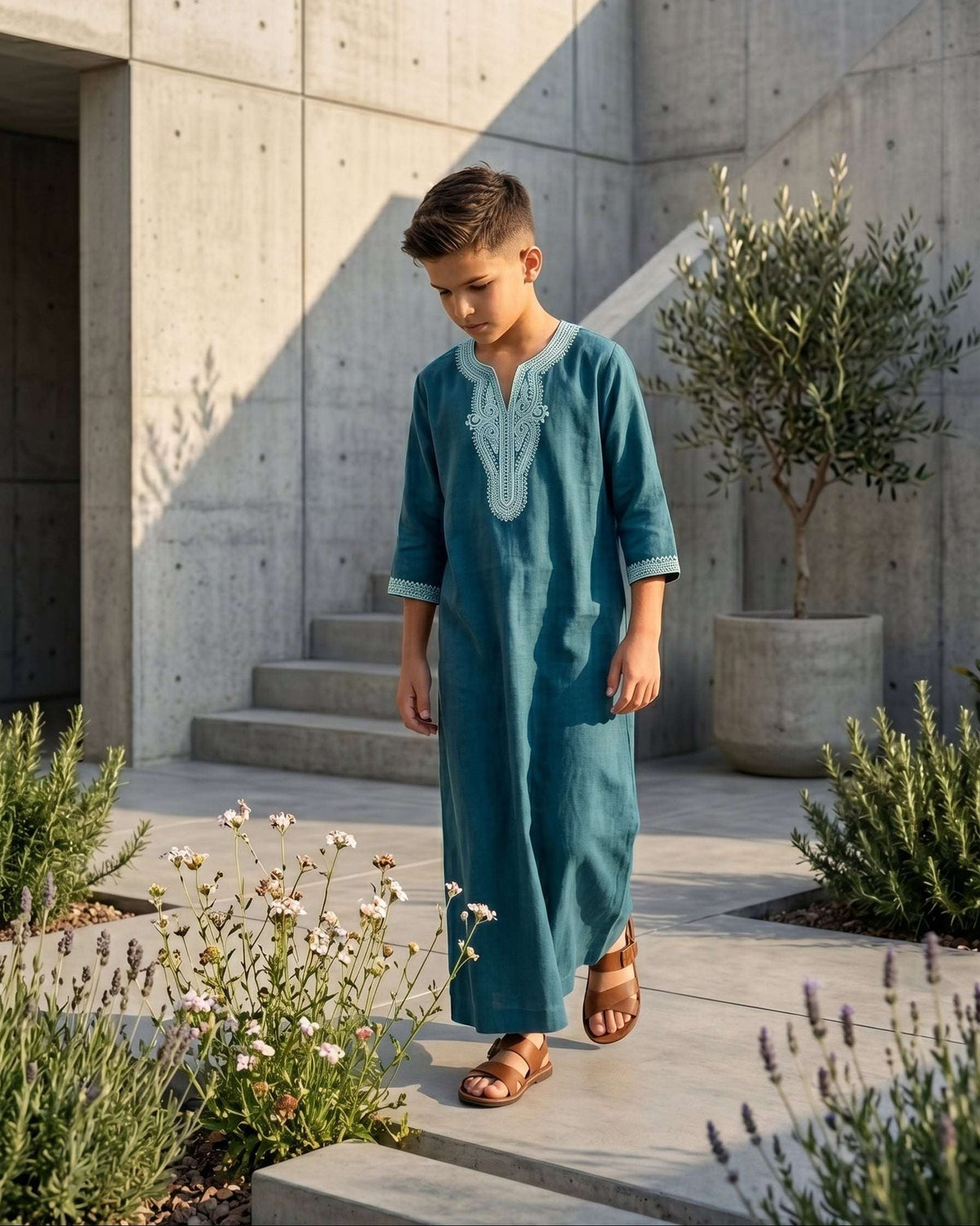 Teal blue Moroccan gandora with white embroidery for boys, stitched pattern in close detail