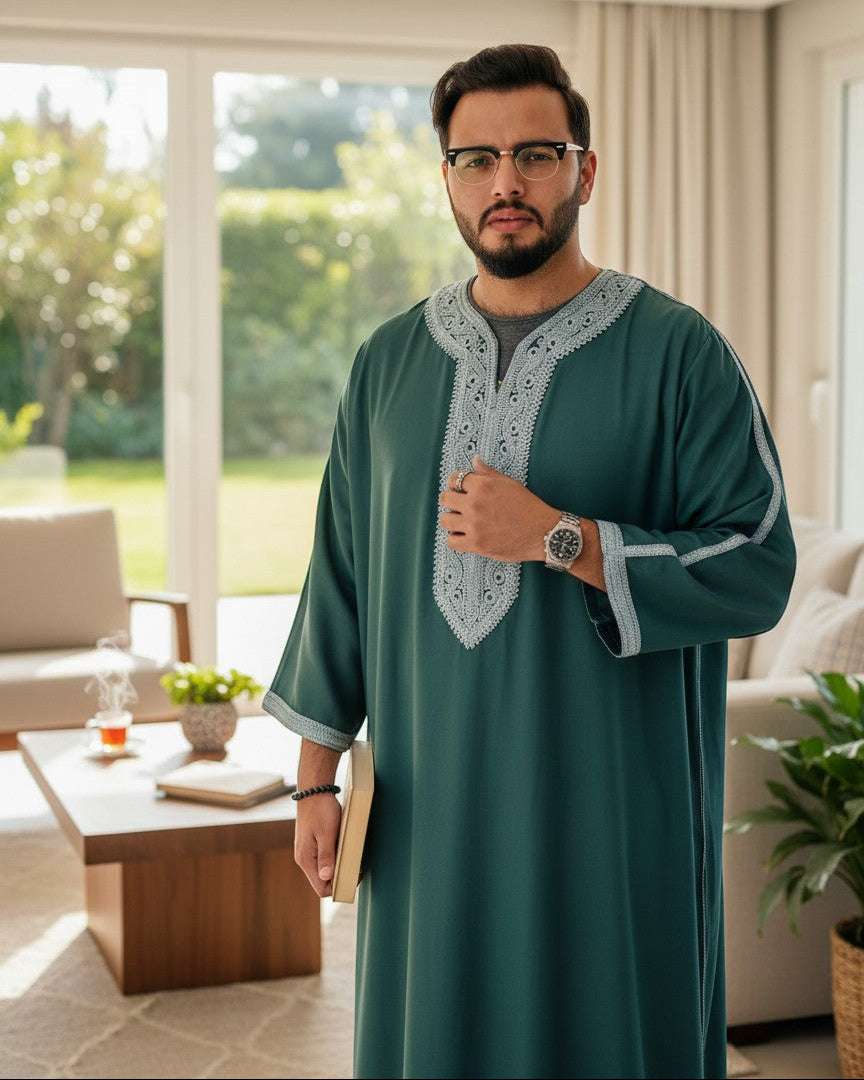 The Topi Wala men's forest green thobe features intricate white embroidery on the neckline and cuffs. Lightweight fabric, full length.