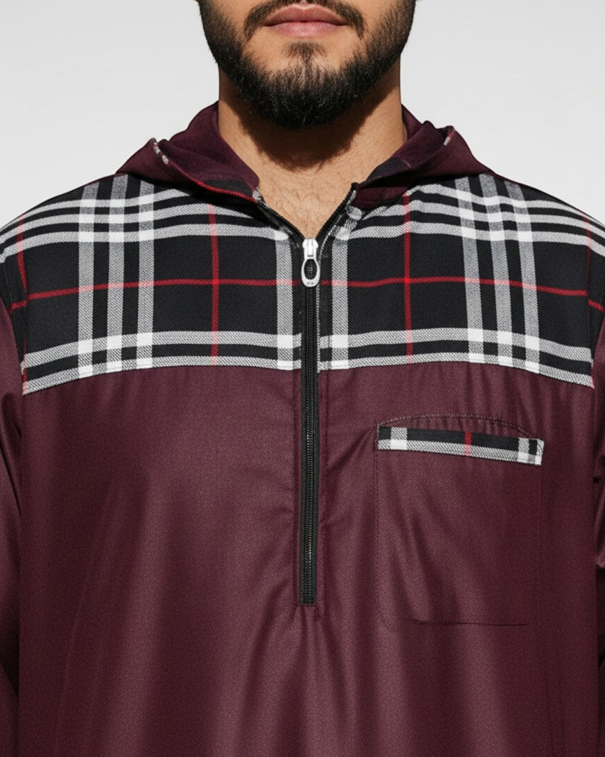 The Topi Wala maroon hoodie thobe for men, featuring a checkered pattern on the chest and pocket.