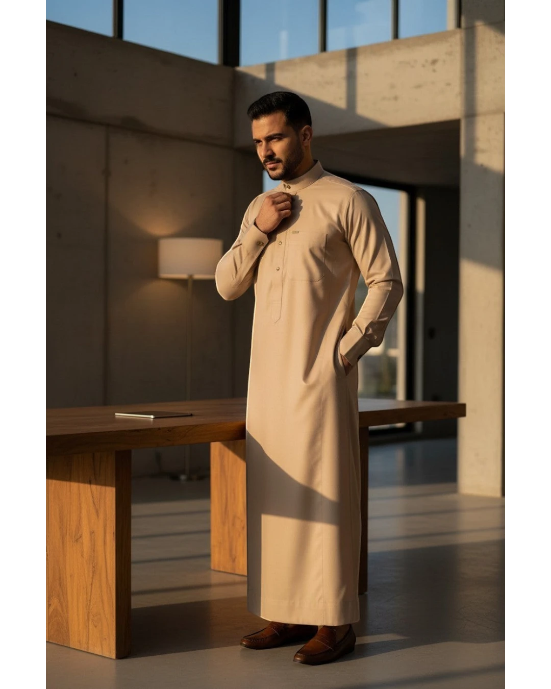 The Topi Wala men's sand beige thobe with mandarin collar and button-down placket. Formal jubba made from wrinkle-resistant fabric.