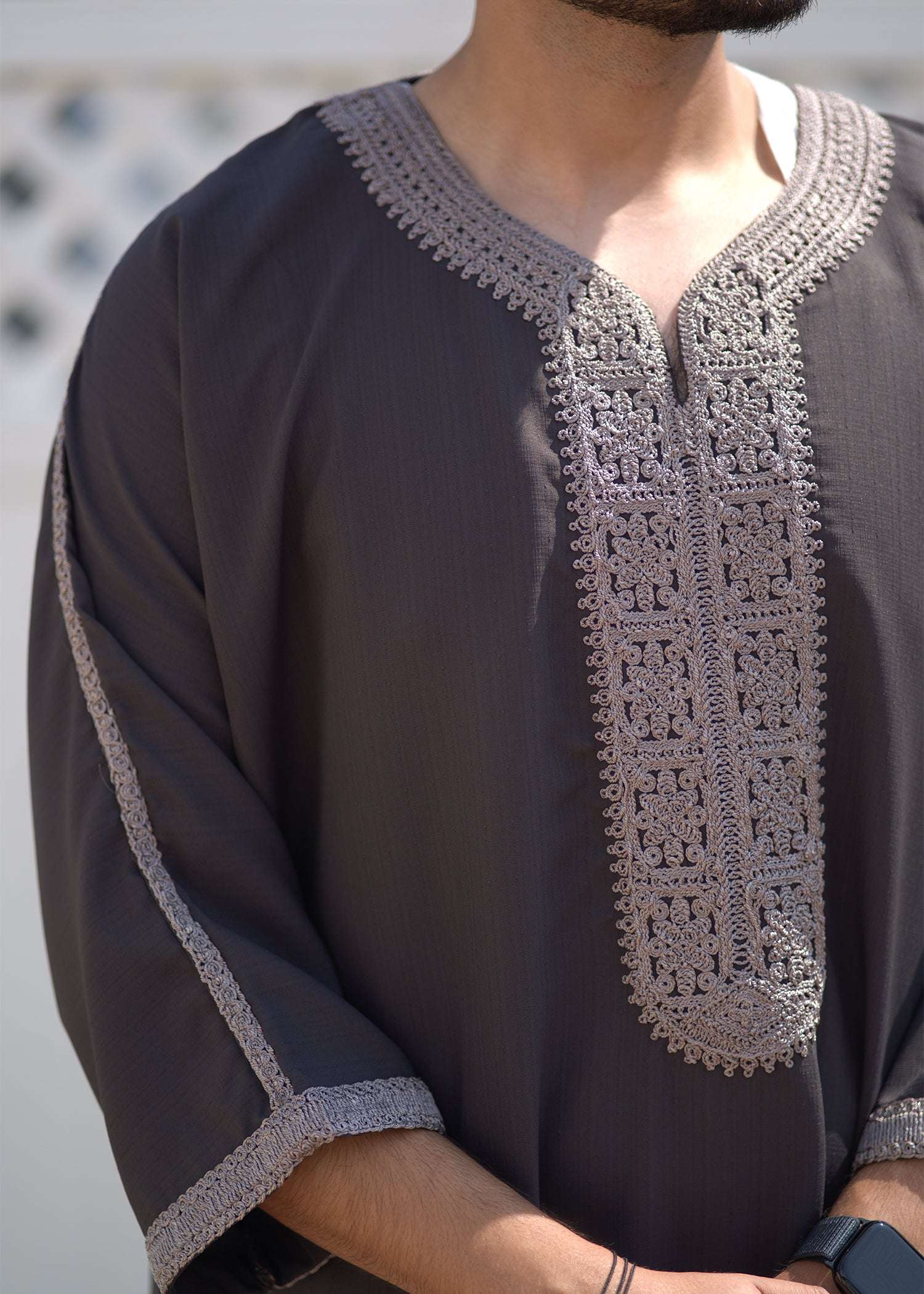 Back view of the Taupe & Silver Moroccan Thobe highlighting the clean silhouette and soft fabric