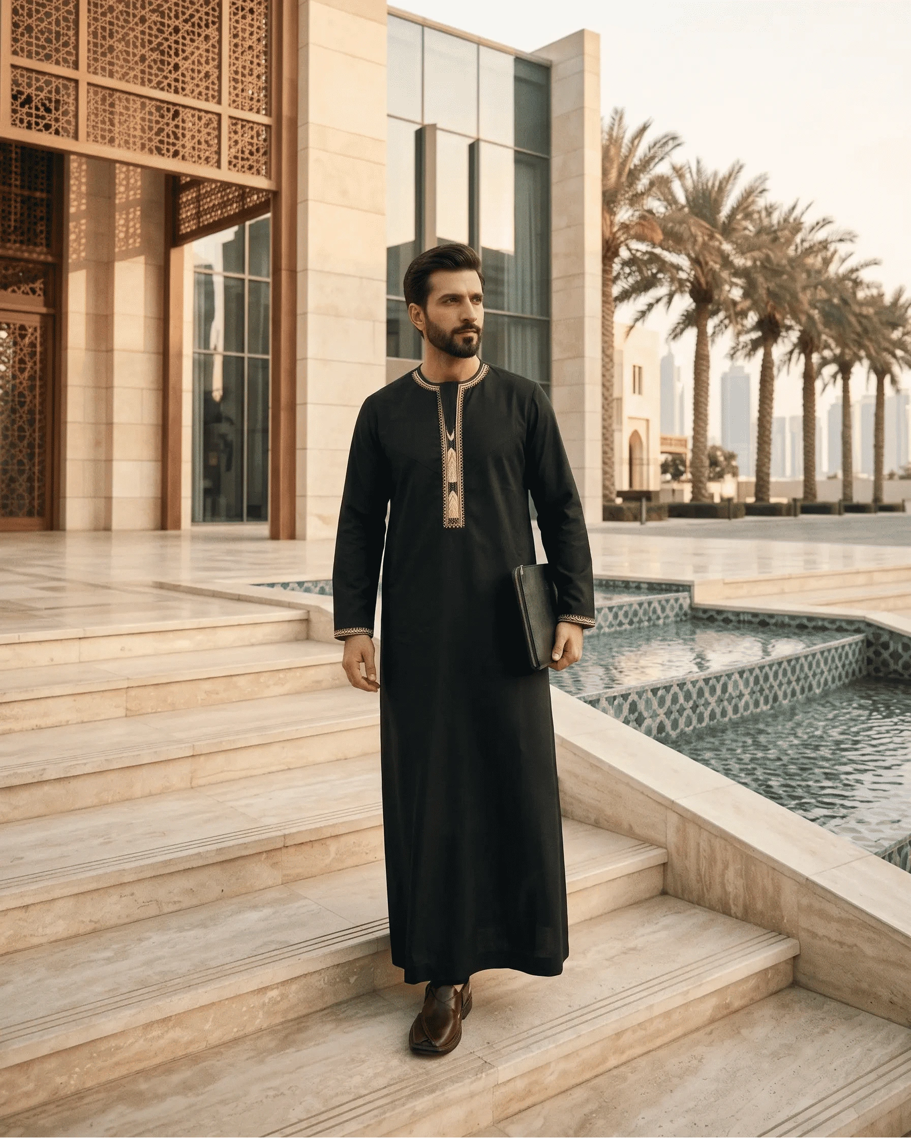 Black Emirati thobe with gold trim and tarboush, front view