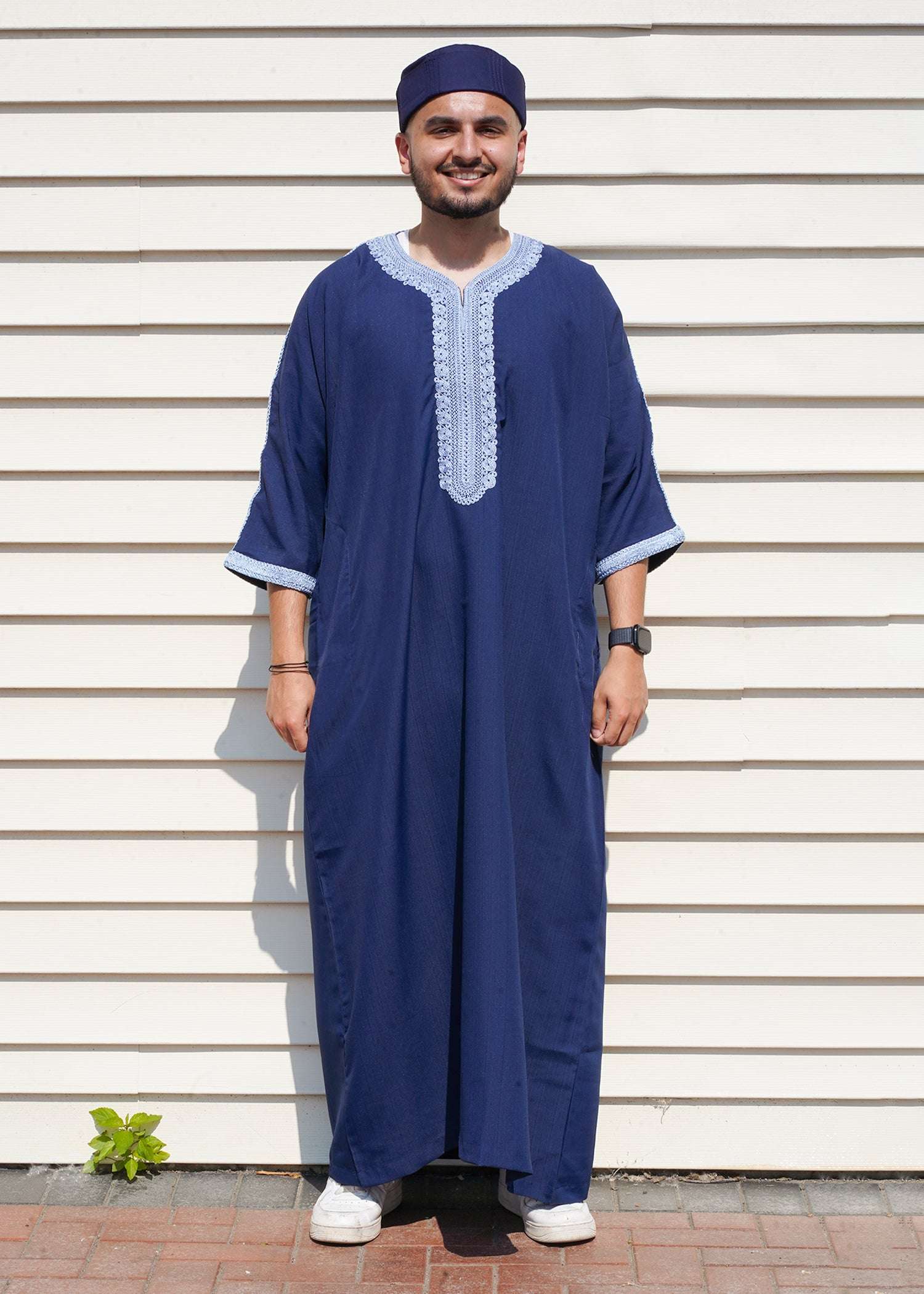 Blue Moroccan thobe front view