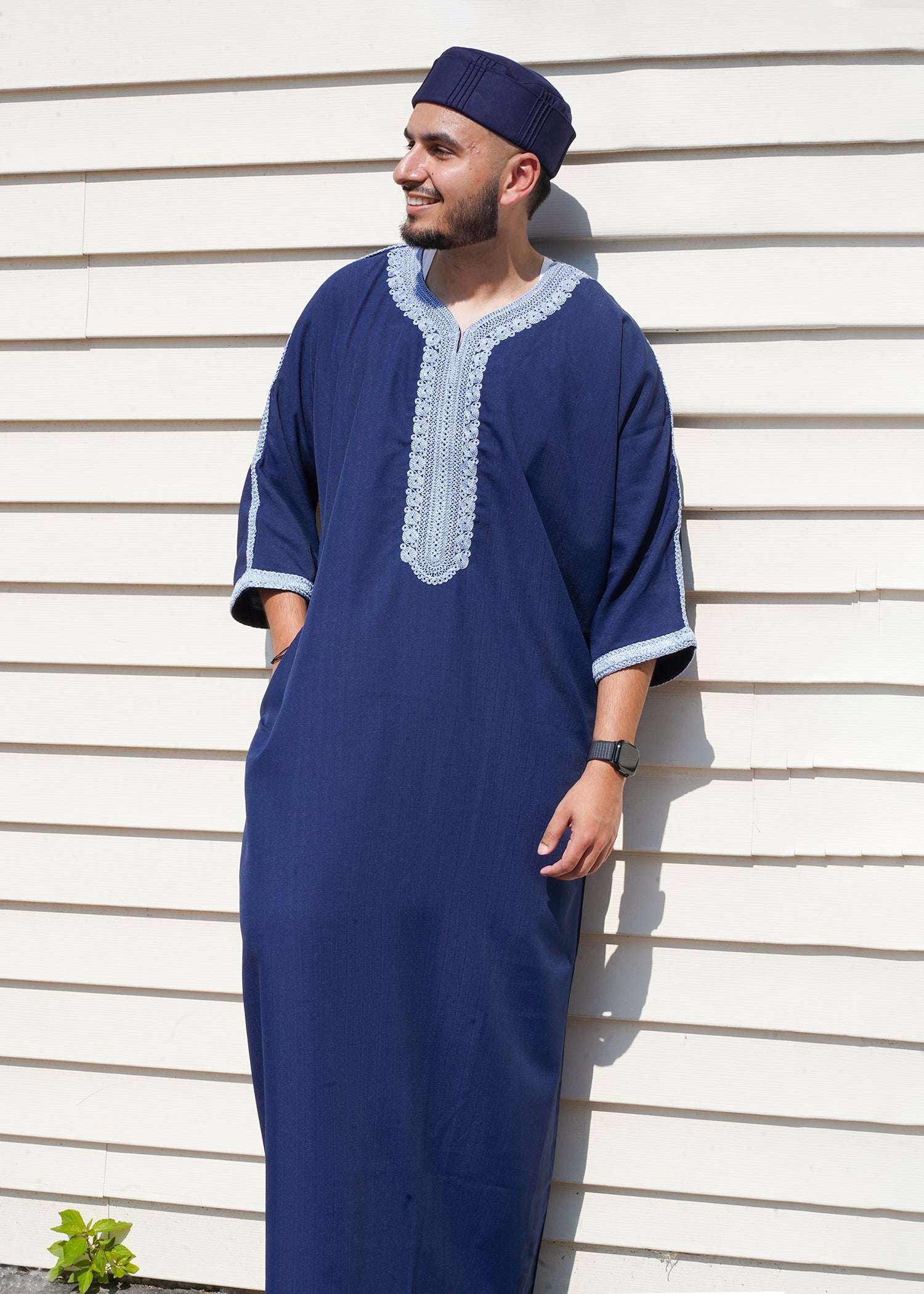 Blue Moroccan thobe embroidery detail