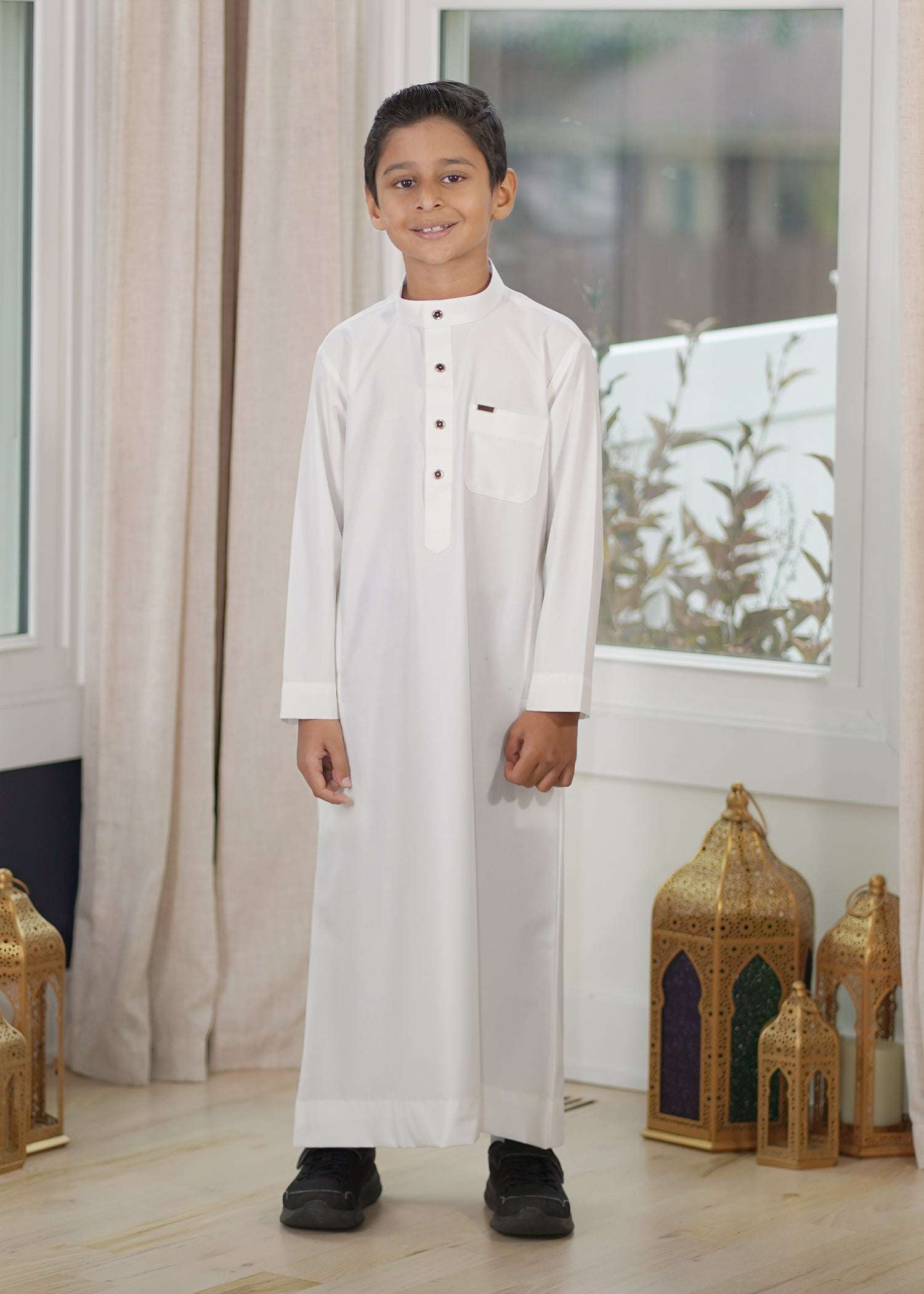 Cream boys thobe with mandarin collar, front view