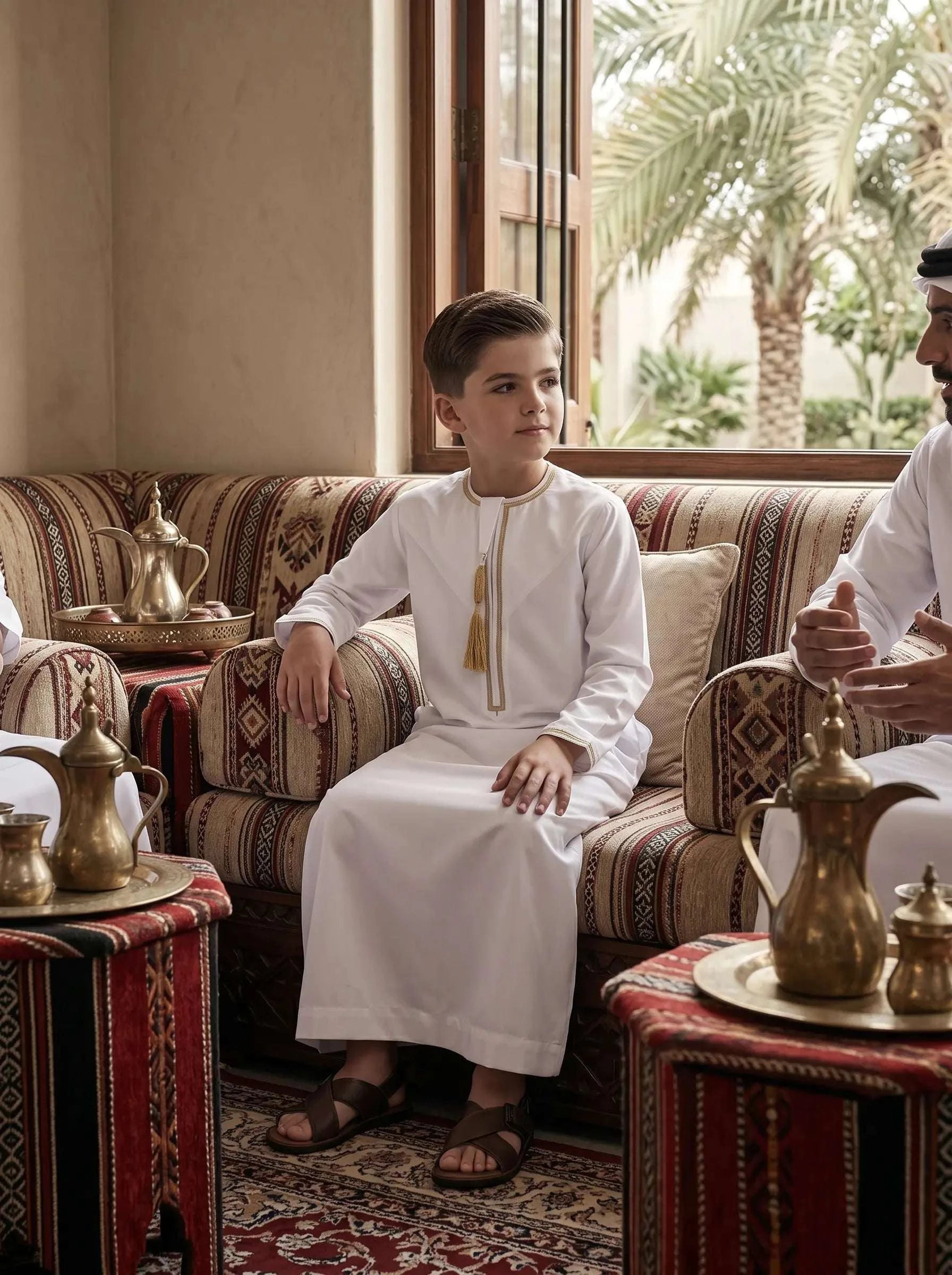 White Emirati thobe with gold trim and tarboush for boys, side profile view