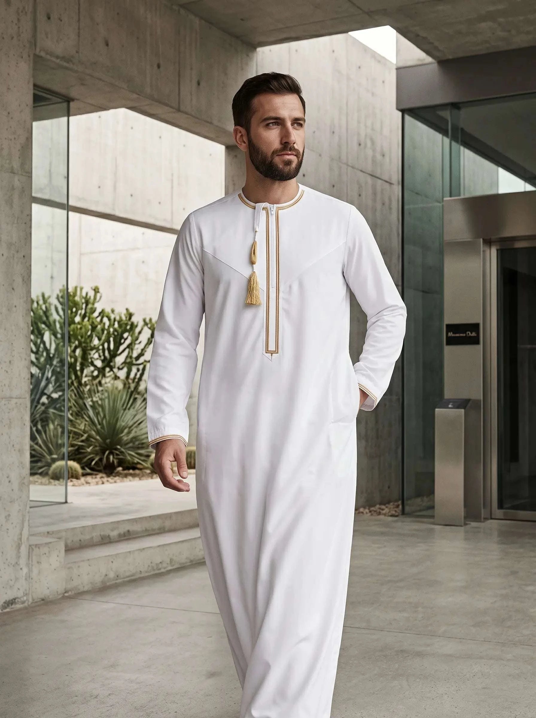 White Emirati thobe with tarboush for men, full front view