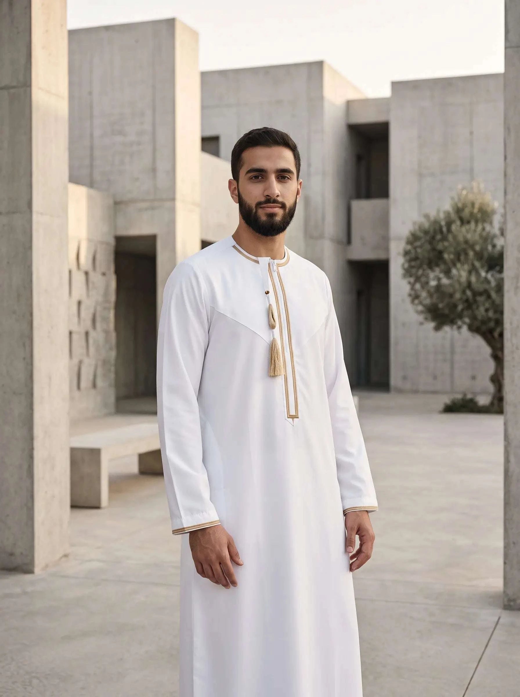 White Emirati thobe for men, full front view