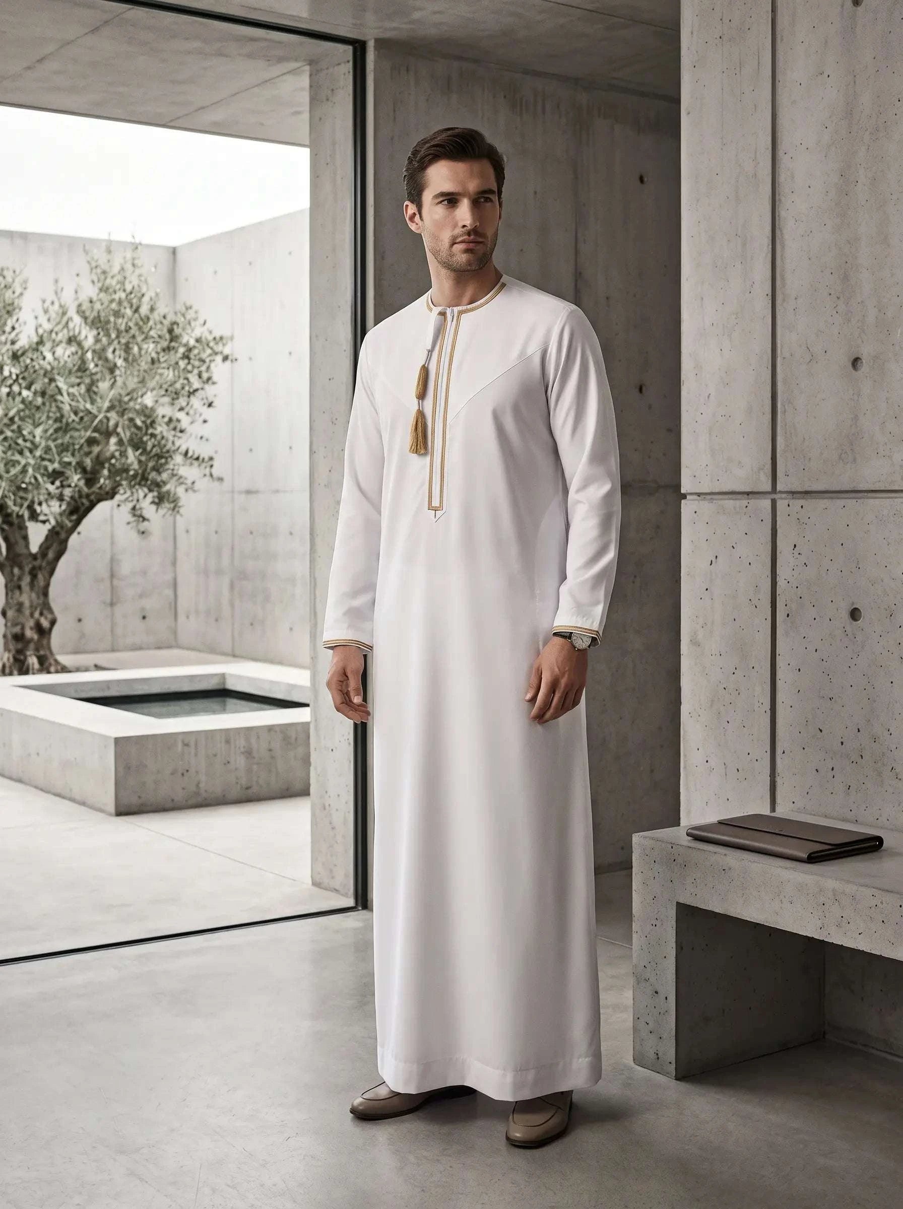 White Emirati thobe for men, another view of the full length