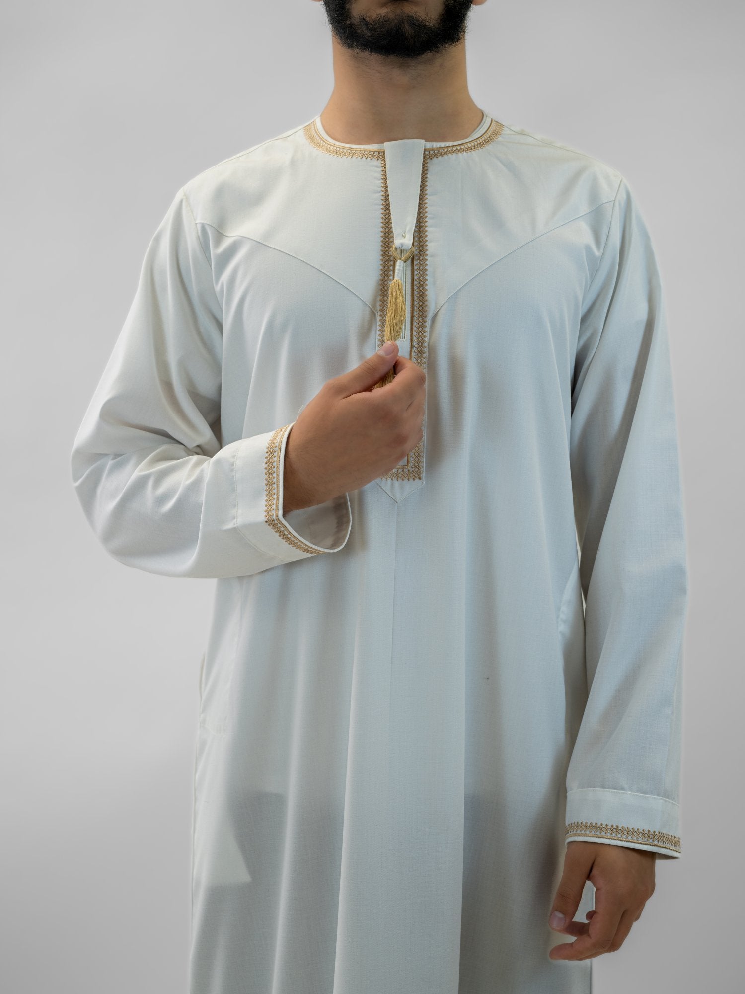White emirati with tarboush cap thobe for men, another view of the full length