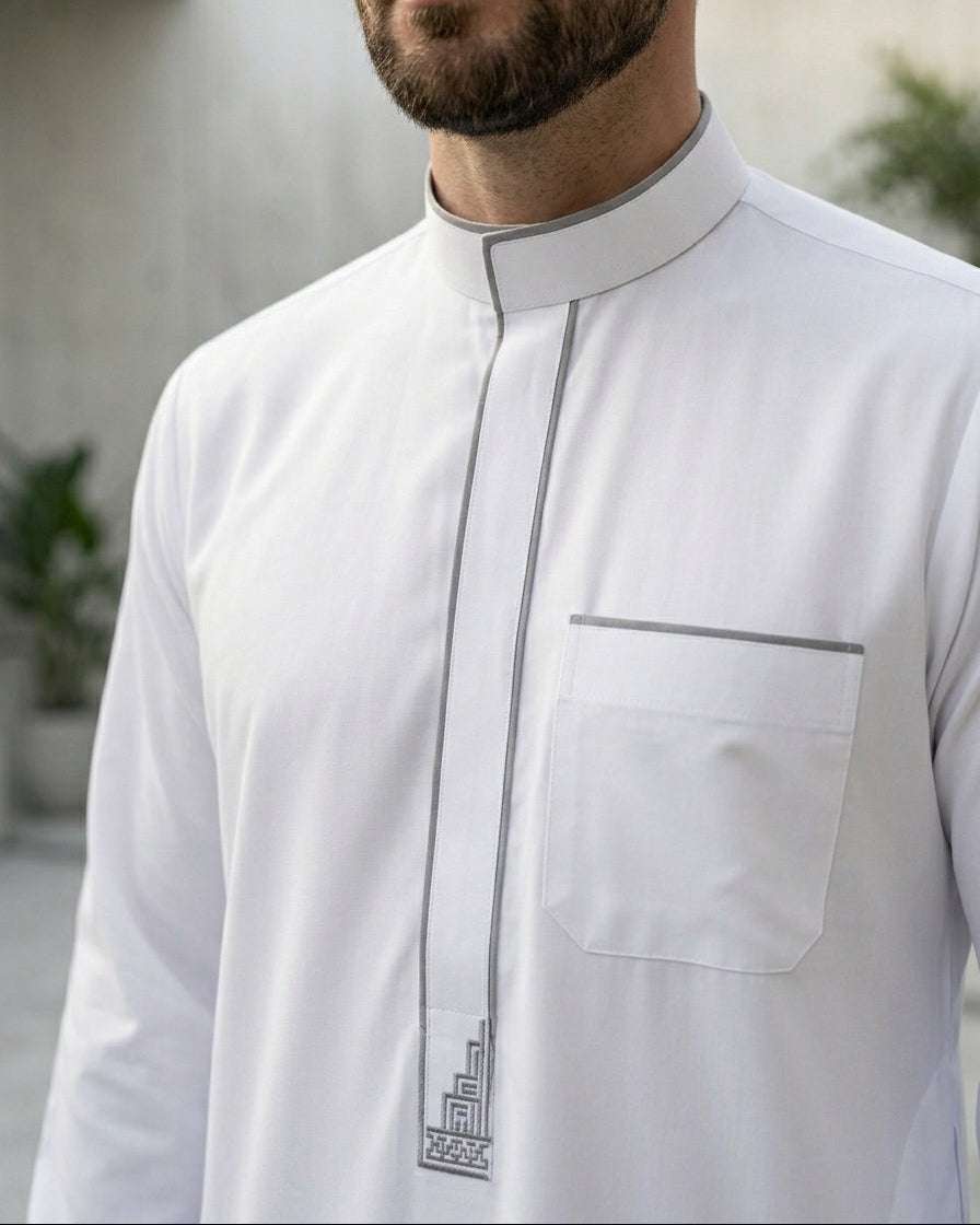 White executive thobe with grey accents for men, full front view