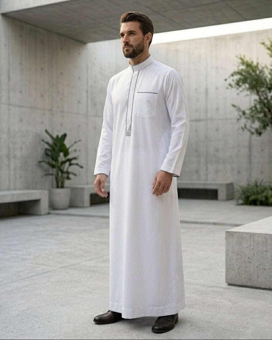 White executive thobe with grey accents for men, shown from the front