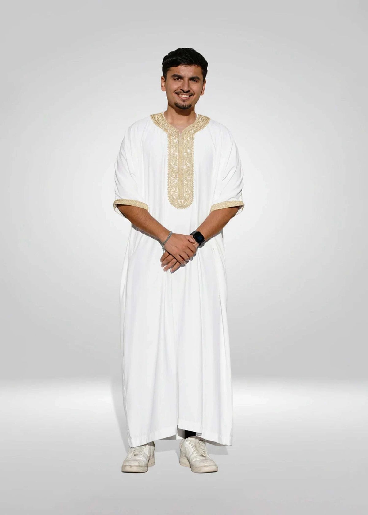 White and gold Moroccan thobe for men, full front view