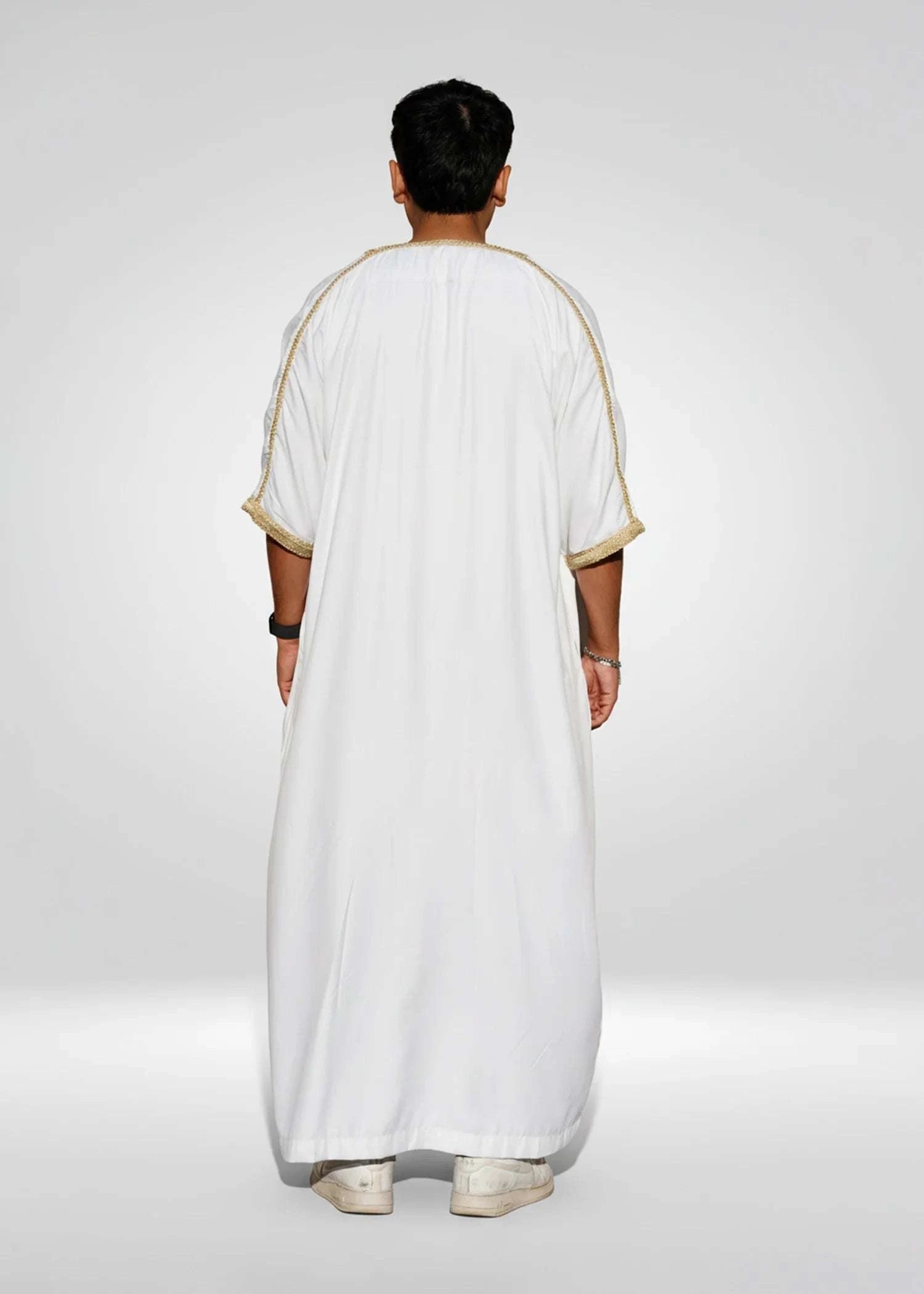 White and gold Moroccan thobe for men, stitched pattern in close detail
