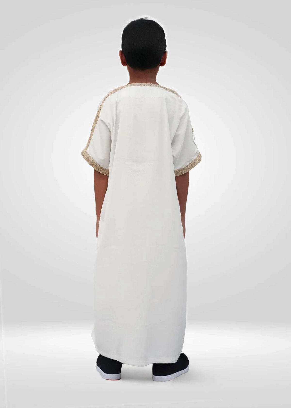 White Moroccan gandora with gold embroidery for boys, stitched pattern in close detail