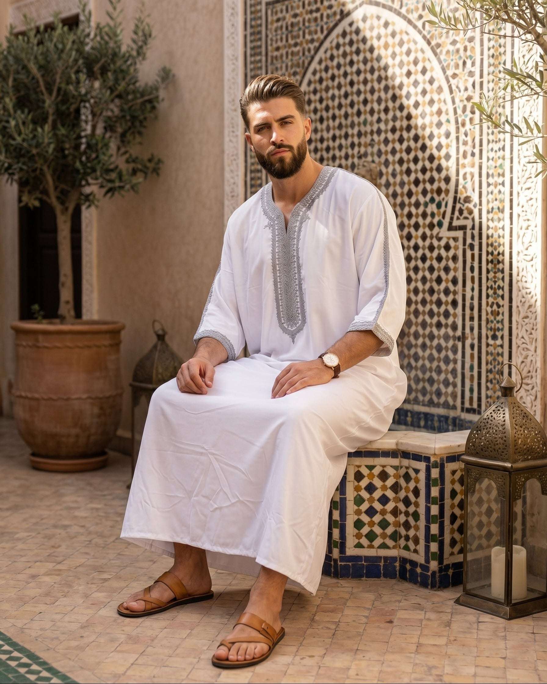 White Moroccan gandora with silver embroidery for men, side profile view